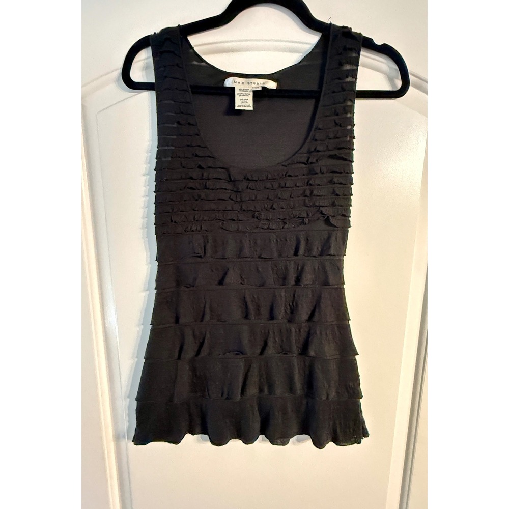 Max Studio Ruffle Tank Top XS Black Tiered Scoop Neck Whimsigoth Balletcore Chic